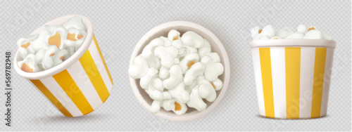 3D set of full popcorn bucket top and side view. Realistic vector illustration of striped paper cup with popped corn portion isolated on background. Salty or sweet cinema snack mockup. Movie food