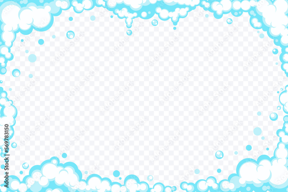 Soapy foam with bubbles. Frame of cartoon shampoo and shaving mousse foam suds. Clouds border. Vector illustration - obrazy, fototapety, plakaty 