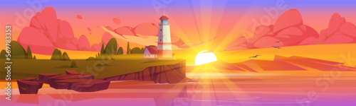 Lighthouse on sea coast. Summer sunset landscape of ocean beach with beacon, building on cliff. Vector cartoon illustration of seascape with nautical navigation tower. Ocean shore with light house