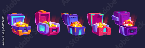 Cartoon set of open chests with treasure inside. Vector illustration of iron box with digital security lock full of golden coins, precious gemstones, pearls. Sci-fi game assets isolated on background