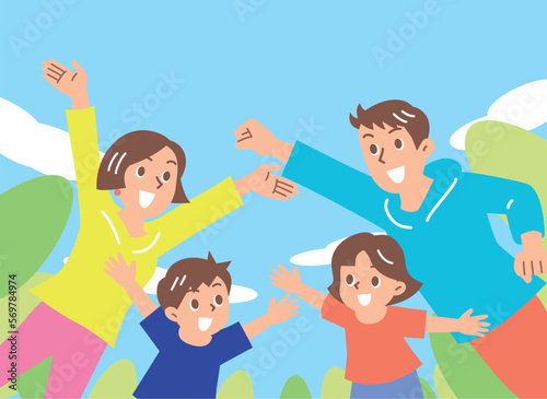 青空をバックに楽しそうにジャンプする元気な4人家族