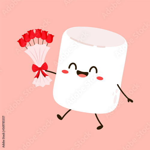 Marshmallow cartoon. marshmallow character design. Marshmallow in valentine's day. Rose flower in Valantine's day.