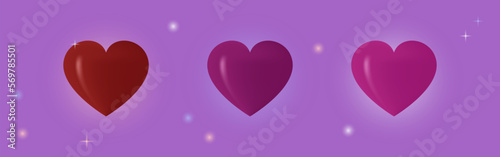 Three red hearts 3d icon. Symbol of love, romantic confession for Valentine's day. Simple, large heart shape. Element with glow for valentine for holiday. Vector illustration.