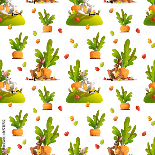 Seamless pattern with Easter bunny and colored eggs for Easter. Perfect for product design  wallpaper  scrapbooking  textile  wrapping paper.