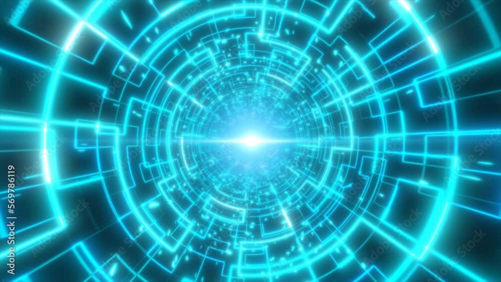 Abstract blue glowing neon laser tunnel futuristic hi-tech with energy lines and flying particle fragments, abstract background. Video 4k, motion design Abstract blue glowing neon laser tunnel futuristic hi-tech with energy lines and flying particle fragments, abstract background. Video 4k, motion design
