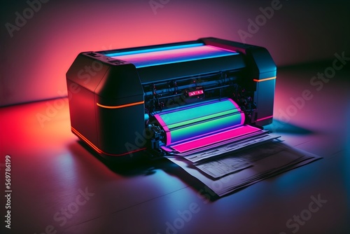 Futuristic printer printing digital paper, studio background, neon lighting photo