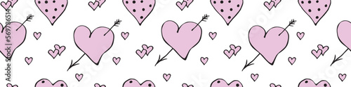Vector seamless pattern of different pink hearts with arrow, points, double. Hand drawn texture, background for wrapping paper, greeting card, Valentine's day, wedding, declaration of love