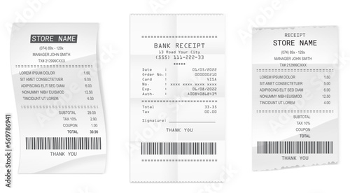 set of realistic cash register sales receipt isolated or cash receipt printed white paper or printout thermal rolled paper.