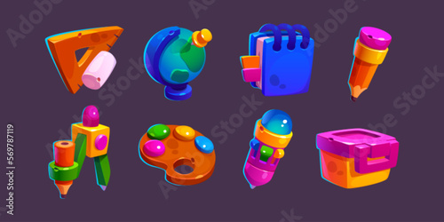 Cartoon vector back to school icon set. Study illustration isolated element. Lunchbox, triangular ruler, compass divider, globe and pencil kit for 2d game app interface. Student supplies collection.