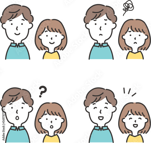 若い夫婦のイラスト　表情セット