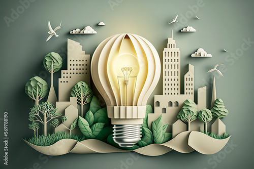 Paper cut of light bulb with green eco city , Renewable energy by 2050 Carbon neutral energy or greenhouse gas emission CO2 , Save energy creative idea concept , Generative Ai photo