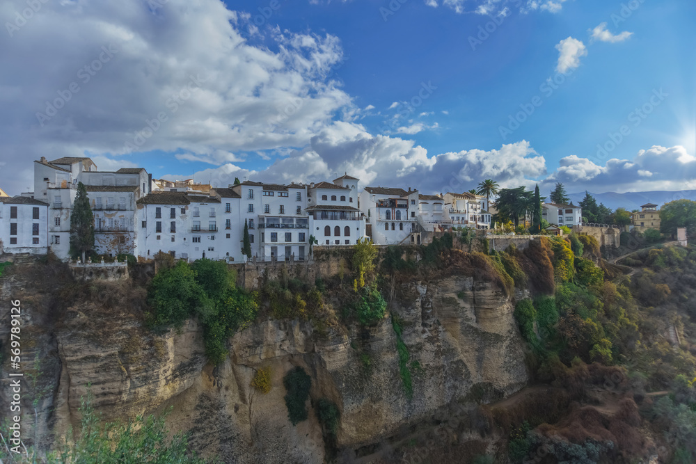 view of the buildings on the edge of the cliff of tajo de ronda , malaga spain
