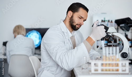Scientist  man and research in laboratory with dropper  test tubes and medical investigation. Expert science worker  dna genetics and healthcare vaccine for medicine  innovation and pharma analytics