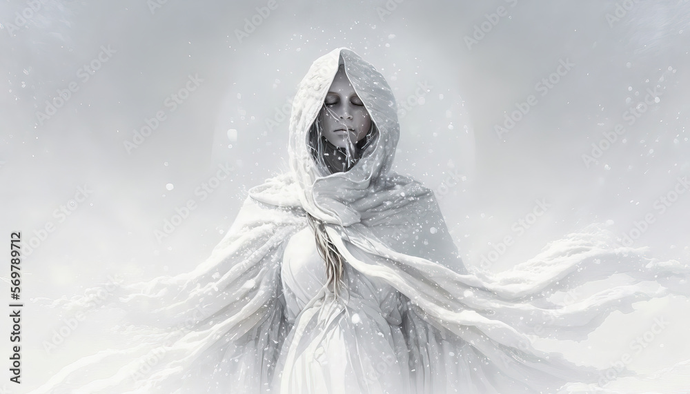 Looking for your destiny. A young girl in white clothes wanders through a blizzard. Generative AI Looking for your destiny. A young girl in white clothes wanders through a blizzard. Generative AI