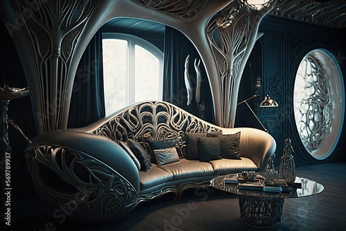 A futuristic swanky filigree modern  cyberpunk furniture. Crystalpunk appliances and incredible detail created by generative AI photo