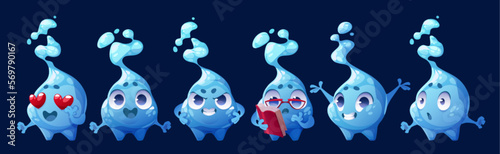 Vector cartoon set of isolated water drop mascot emoticon. Cute character with smiley or love expression, surprised, angry,in glasses reading book. Funny aqua hero icon for animation with eyes, hands.