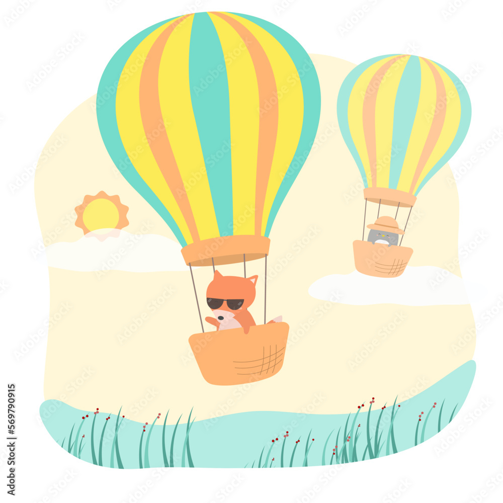 Fototapeta premium Fox and penguin in Balloon basket on the sky cartoon vector