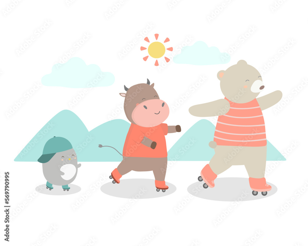 Happy animals play roller cartoon character vector Happy animals play roller cartoon character vector
