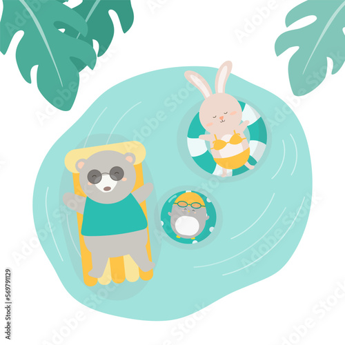 animals sunbathe on floating raft and swim rings in pool