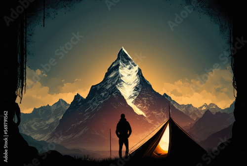 Man with tourist backpack, tent and mountains abstract flat background. Generative AI