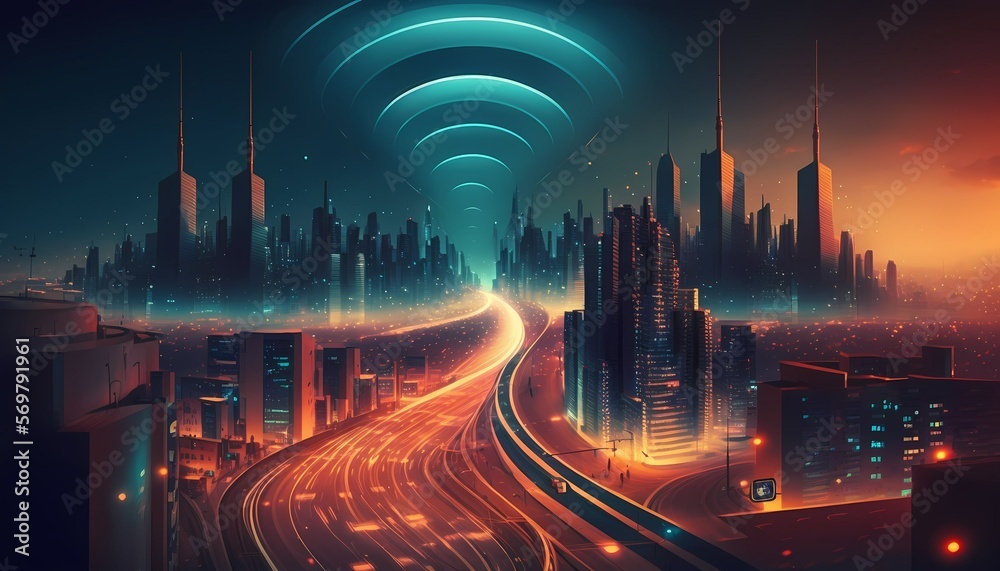 Connection technology concept with city background at night. Modern city with wireless network connection