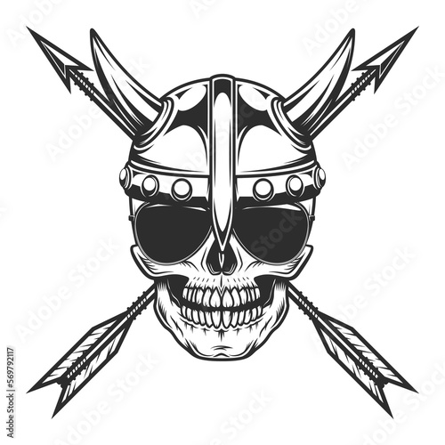 Viking skull in horned helmet and sunglasses accessory to protect eyes from bright sun with crossed hunting arrow concept vintage isolated vector illustration