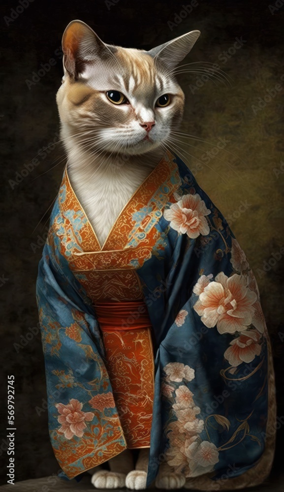 Photo Shoot of Unique Breathtaking Cultural Apparel: Elegant Burmilla Cat in a Traditional Japanese Kimono with Obi Sash and Beautiful Eye-catching Patterns like Men, Women, and Kids (generative AI)