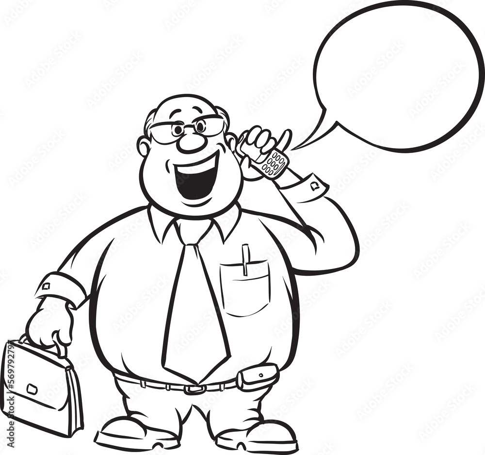 whiteboard drawing cartoon fat businessman with cell phone and briefcase - PNG image with transparent background