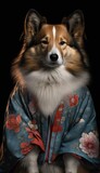 Photo Shoot of Unique Breathtaking Cultural Apparel: Elegant Collie Dog in a Traditional Japanese Kimono with Obi Sash and Beautiful Eye-catching Patterns like Men, Women, and Kids (generative AI)