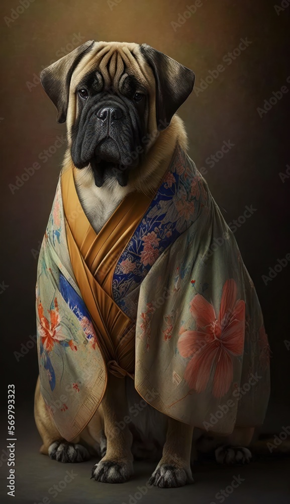 Photo Shoot of Unique Breathtaking Cultural Apparel: Elegant English Mastiff Dog in a Traditional Japanese Kimono with Obi Sash and Beautiful Eye-catching Patterns like Men, Women, and Kids