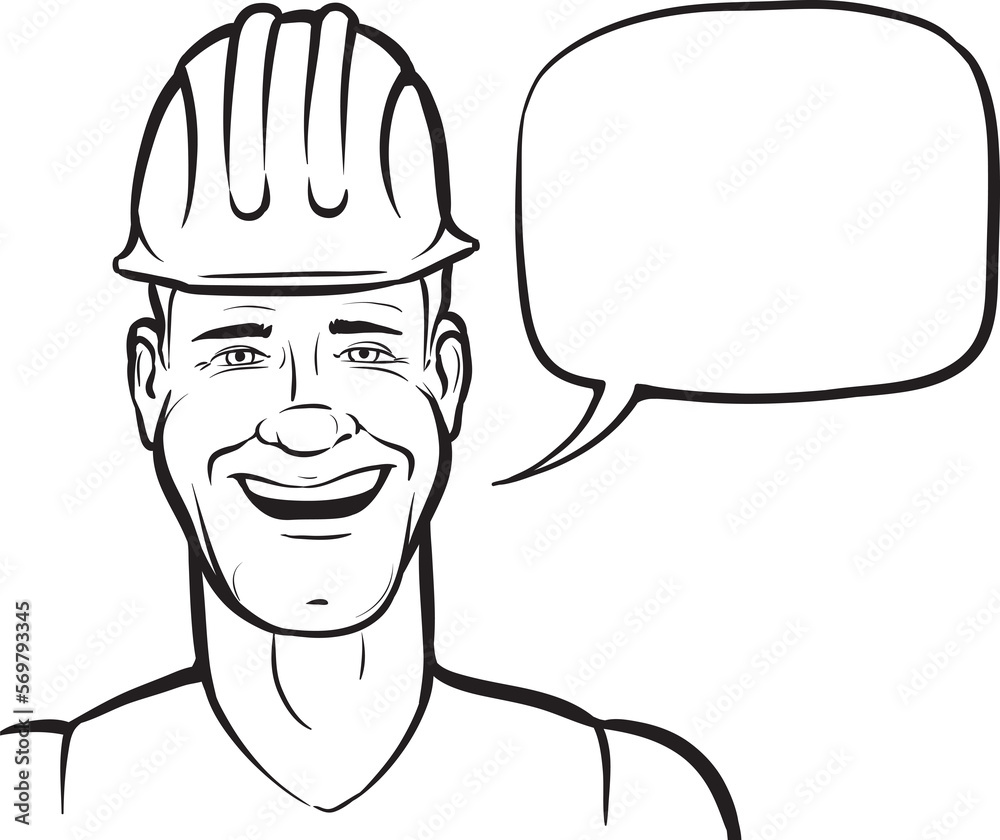 whiteboard drawing cartoon smiling construction worker with speech bubble - PNG image with transparent background