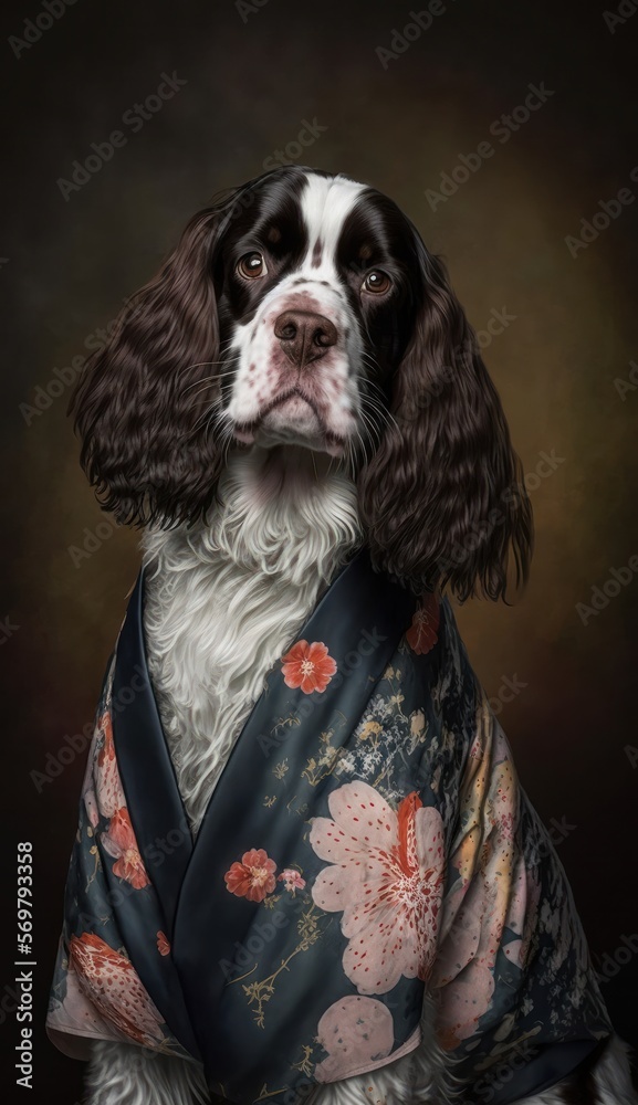 Fototapeta premium Photo Shoot of Unique Breathtaking Cultural Apparel: Elegant English Springer Spaniel Dog in a Traditional Japanese Kimono with Obi Sash and Beautiful Eye-catching Patterns like Men, Women, and Kids