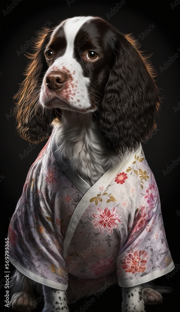 Photo Shoot of Unique Breathtaking Cultural Apparel: Elegant English Springer Spaniel Dog in a Traditional Japanese Kimono with Obi Sash and Beautiful Eye-catching Patterns like Men, Women, and Kids Photo Shoot of Unique Breathtaking Cultural Apparel: Elegant English Springer Spaniel Dog in a Traditional Japanese Kimono with Obi Sash and Beautiful Eye-catching Patterns like Men, Women, and Kids