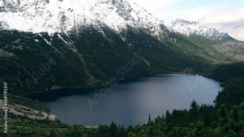 Top view on Tatra National Park, Poland. Aerial view Famous Mountains Lake Morskie Oko Or Sea Eye Lake In autumn. Snow covered mountain peaks on background. Blue water nature landscape 4k