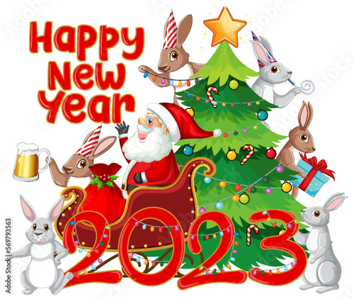 Happy New Year text with cute rabbit for banner design