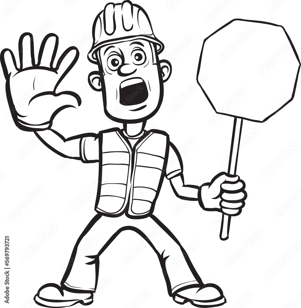 whiteboard drawing cartoon worker warning with stop sign - PNG image with transparent background
