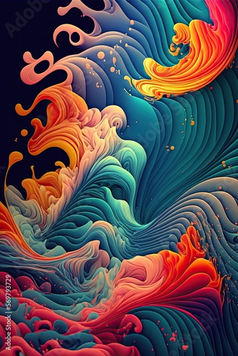 wavy abstract background illustration of a colored floating waves in the trend colors orange, green and violet, ai generated