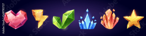Game gem stone in shape of crown, star, heart and lightning. Magic jewel crystal or diamond icon, sapphire, ruby and emerald treasure. Fantasy cartoon gui trophy with texture, isolated set