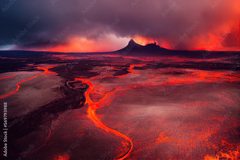 Vulcano planet, lava river, AI generated art