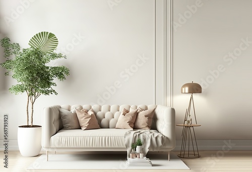 Clean minimal scandinavic interior with modern sofa with empty wall mockup .Generative AI photo