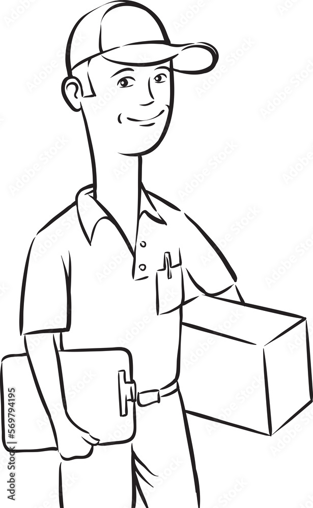 whiteboard drawing delivery man with box and clipboard - PNG image with transparent background