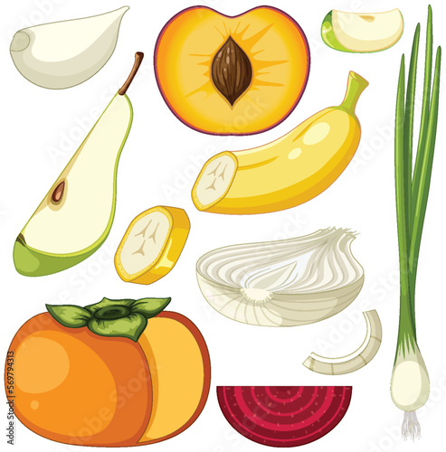 Set of sliced vegetable and fruit