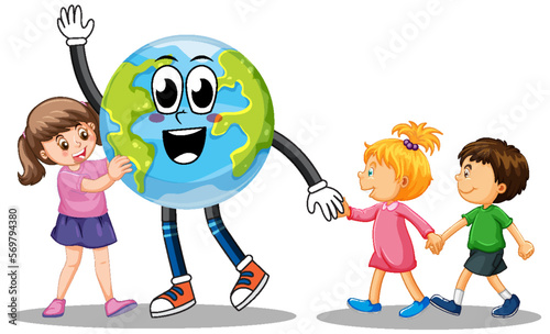 Three kids with cartoon earth globe