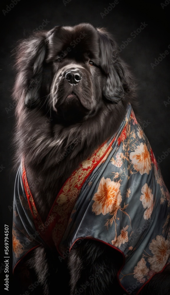 Obraz premium Photo Shoot of Unique Breathtaking Cultural Apparel: Elegant Newfoundland Dog in a Traditional Japanese Kimono with Obi Sash and Beautiful Eye-catching Patterns like Men, Women, and Kids generative AI