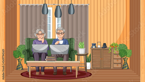 Senior couple using laptop at home