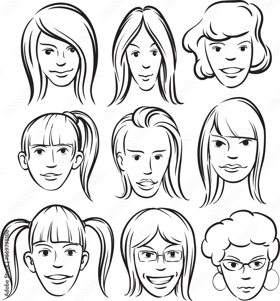 whiteboard drawing happy women faces - PNG image with transparent background