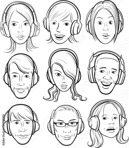 whiteboard drawing set of faces with headphones - PNG image with transparent background