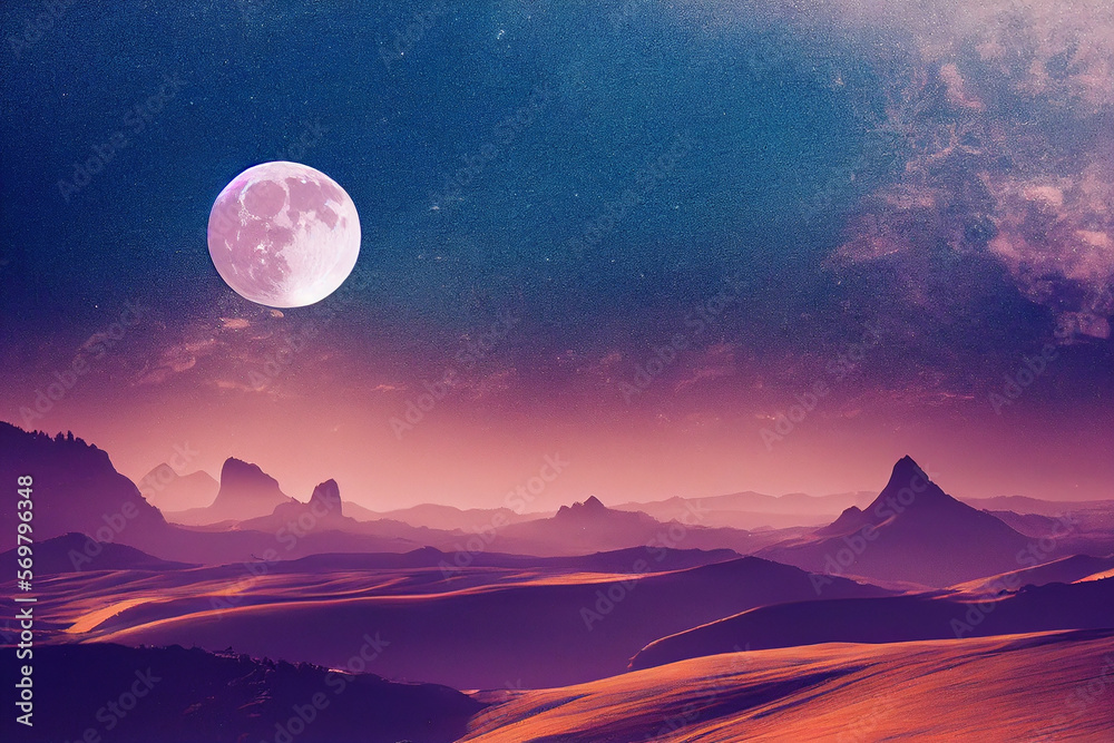 Wallpaper of a landscape with a big moon in the background. Generative ai