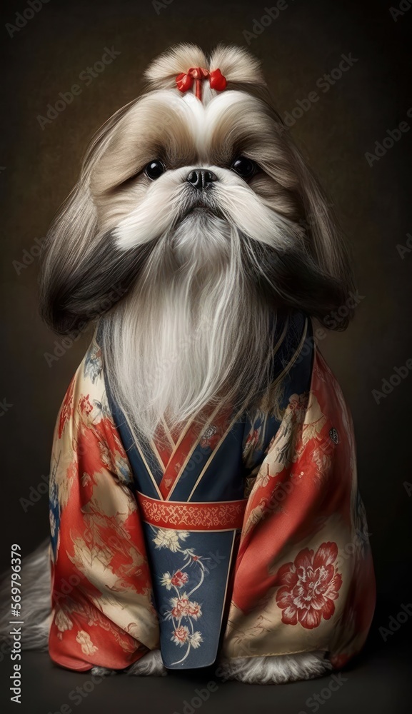 Photo Shoot of Unique Breathtaking Cultural Apparel: Elegant Shih Tzu Dog in a Traditional Japanese Kimono with Obi Sash and Beautiful Eye-catching Patterns like Men, Women, and Kids (generative AI)