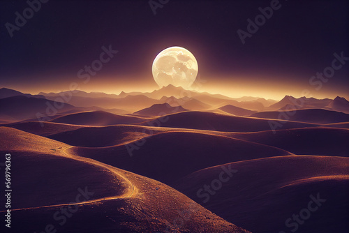Wallpaper of a landscape with a big moon in the background. Generative ai